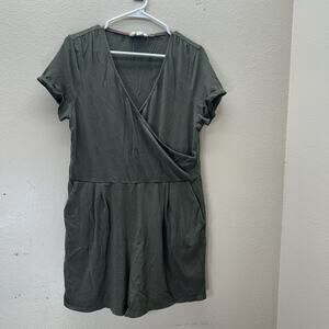 Boden Women’s Faux Wrap Romper Olive Green Cotton Blend Shorts SZ 12 L Stretch
